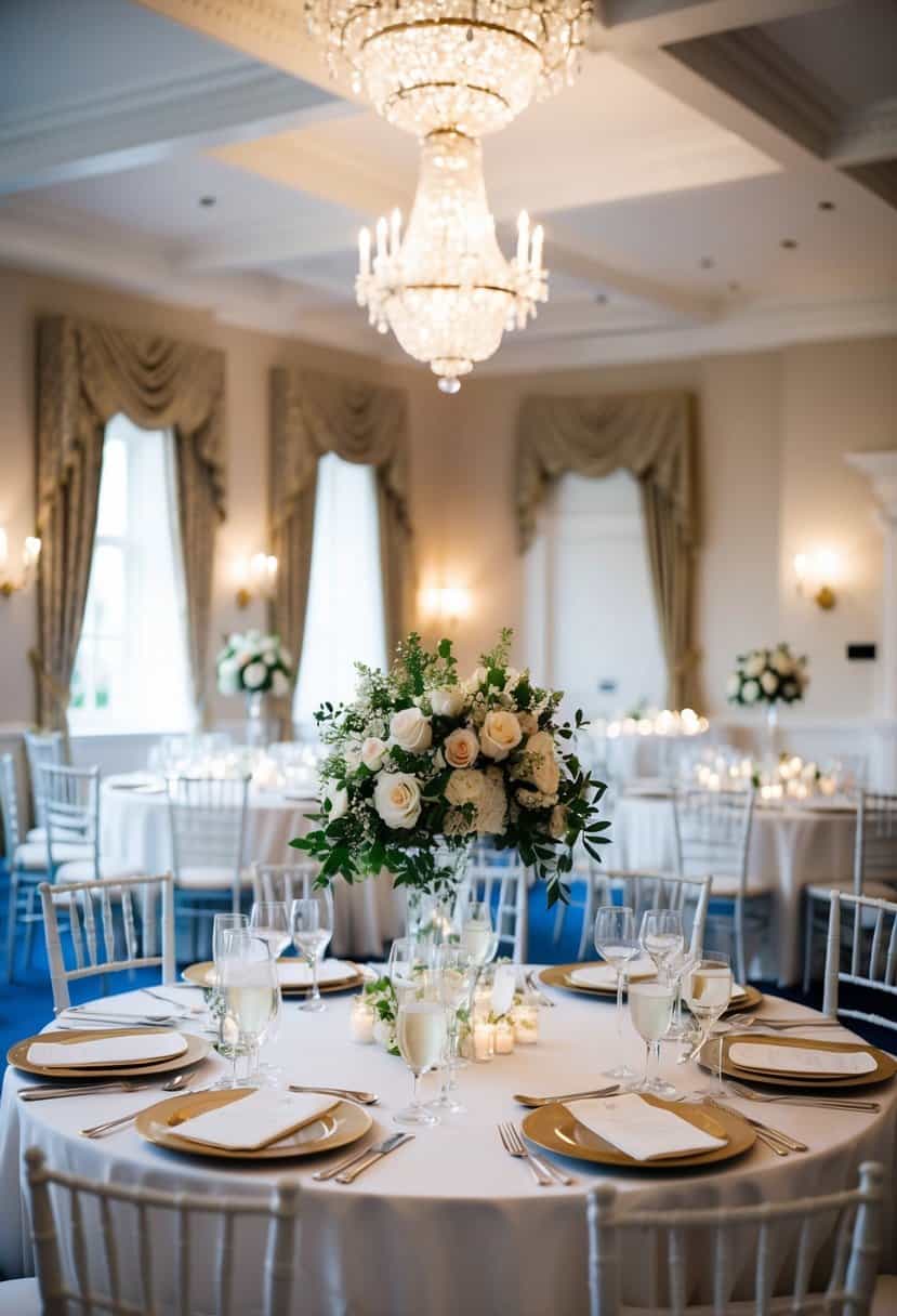 A traditional British wedding venue with elegant decor and floral arrangements, set for a wedding-related event