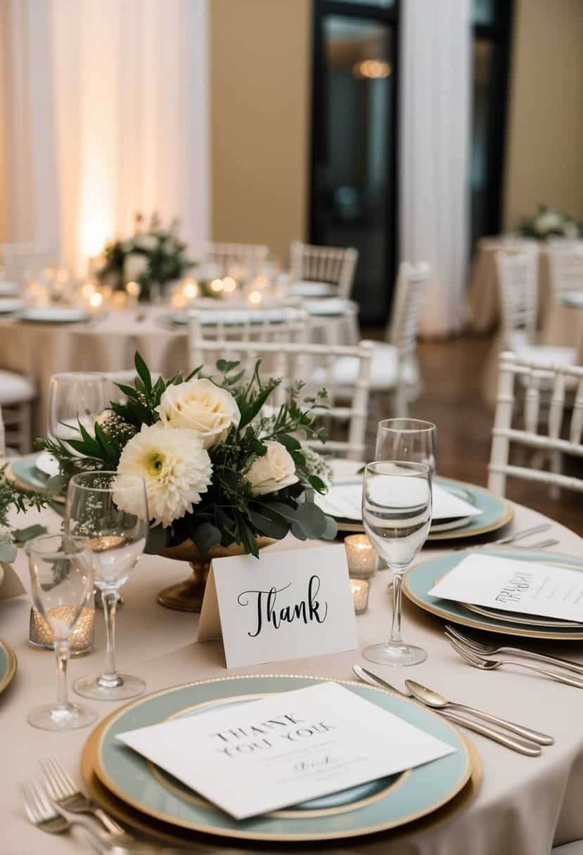 A table set for a wedding reception, adorned with personalized place settings and thank you cards