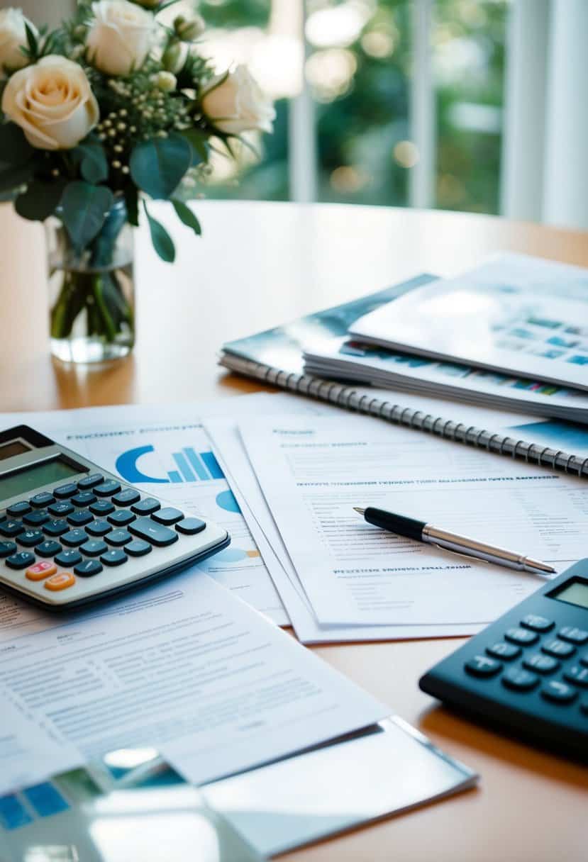 A couple's financial documents spread out on a table, with a calculator and wedding magazines nearby