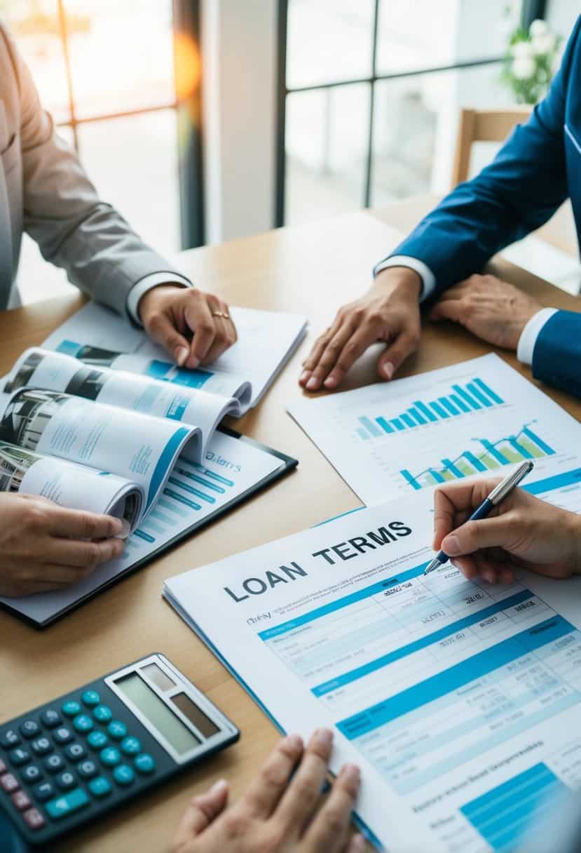 A couple sits at a table, surrounded by wedding magazines and financial documents. A calculator and pen lay on the table as they discuss loan terms and costs