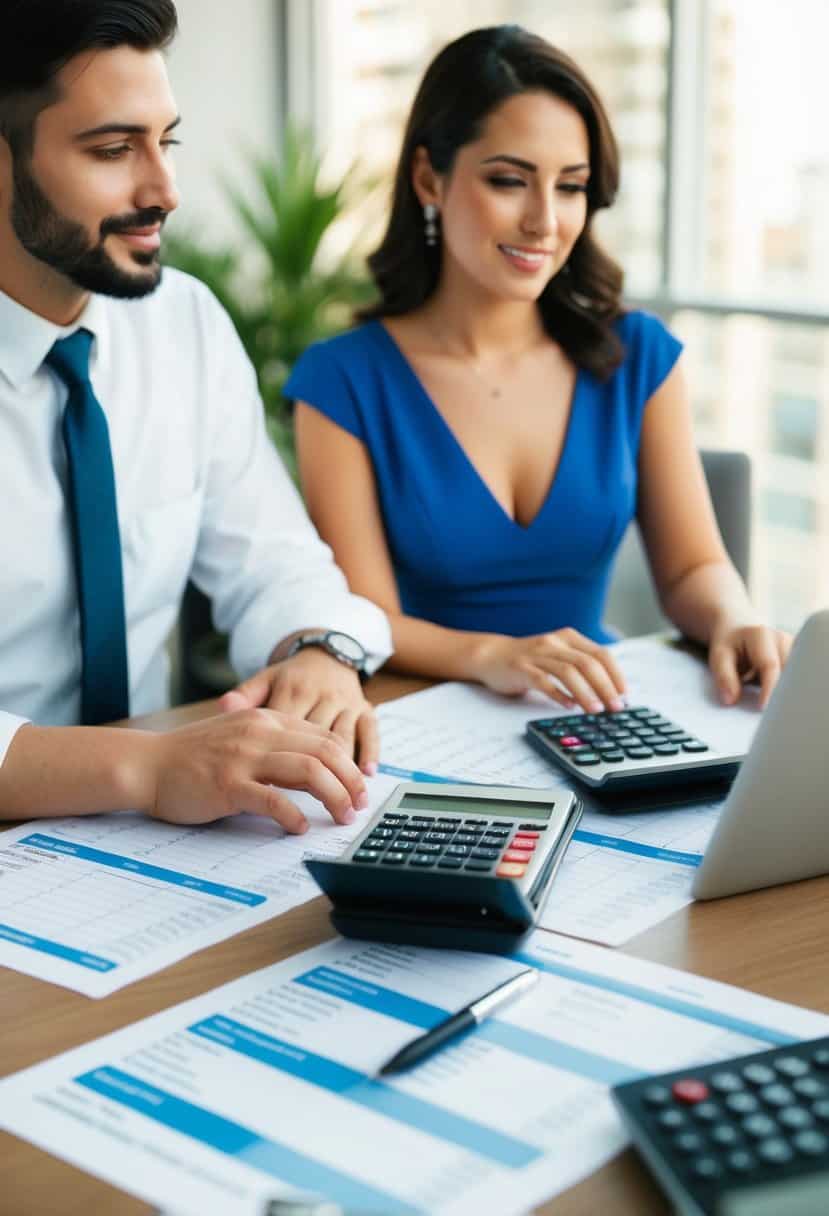 A couple sits at a table with spreadsheets and calculators, discussing wedding expenses and financial options