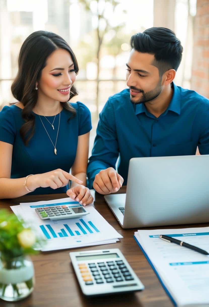 A couple sitting at a table with wedding planning materials, a calculator, and a laptop, discussing financial options