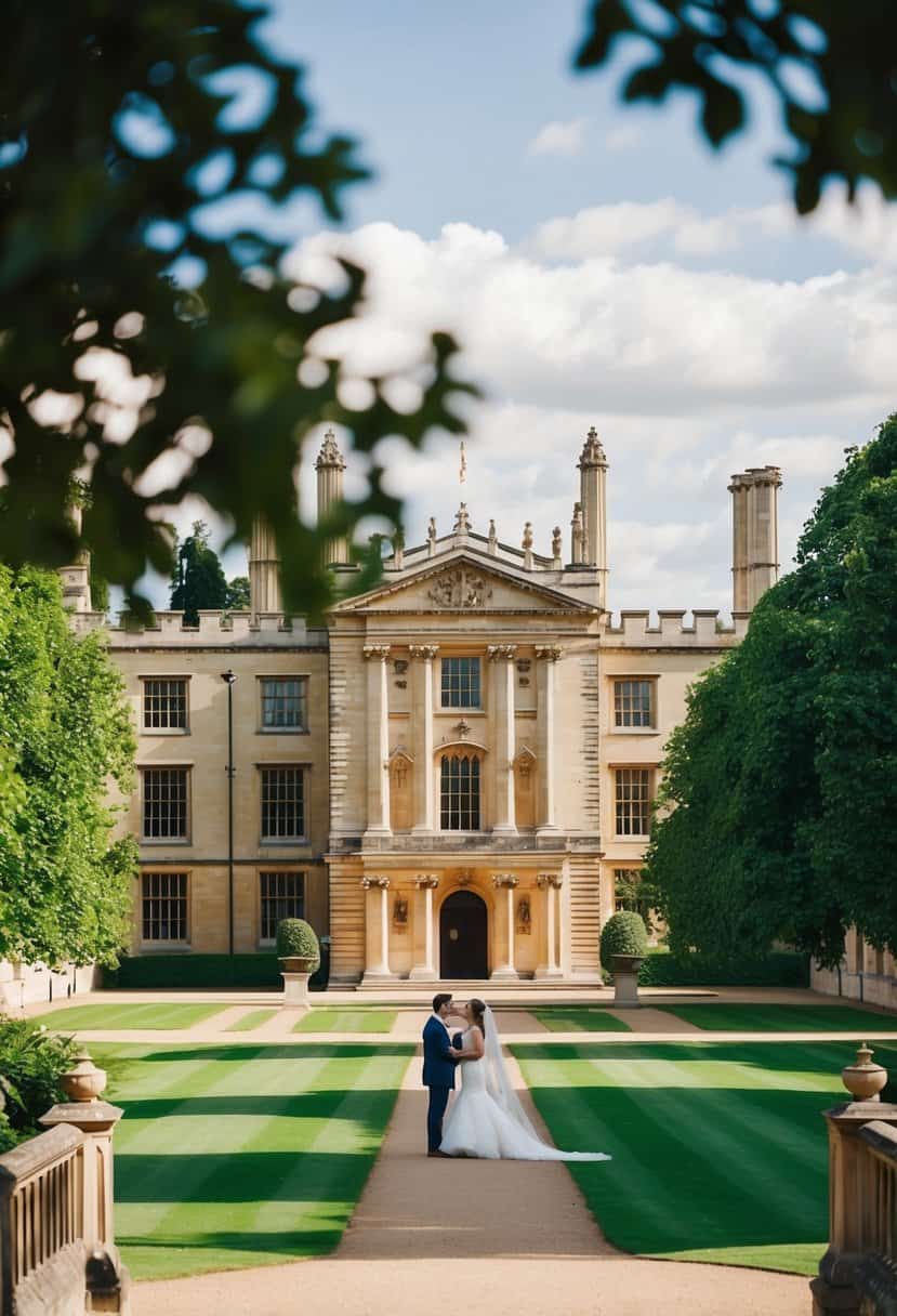 A picturesque view of King's College Cambridge, with its historic architecture and lush green surroundings, sets the scene for a wedding ceremony