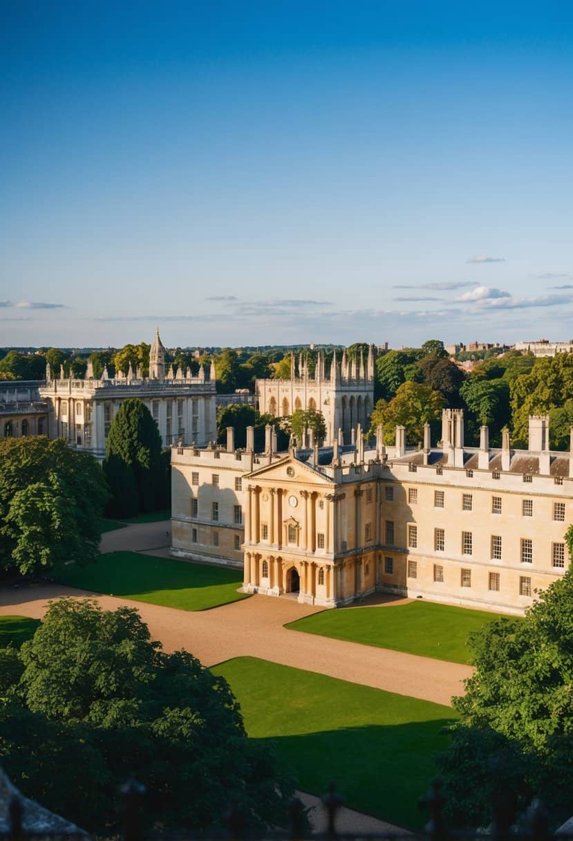 A picturesque view of the iconic King's College Cambridge, with its historic architecture and lush greenery, set against a clear blue sky