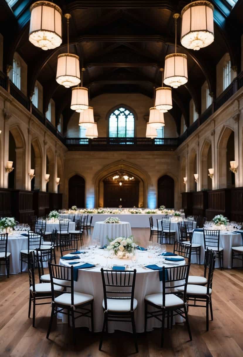 A grand dining hall at King's College Cambridge set up for a wedding reception with tables, chairs, and elegant catering options