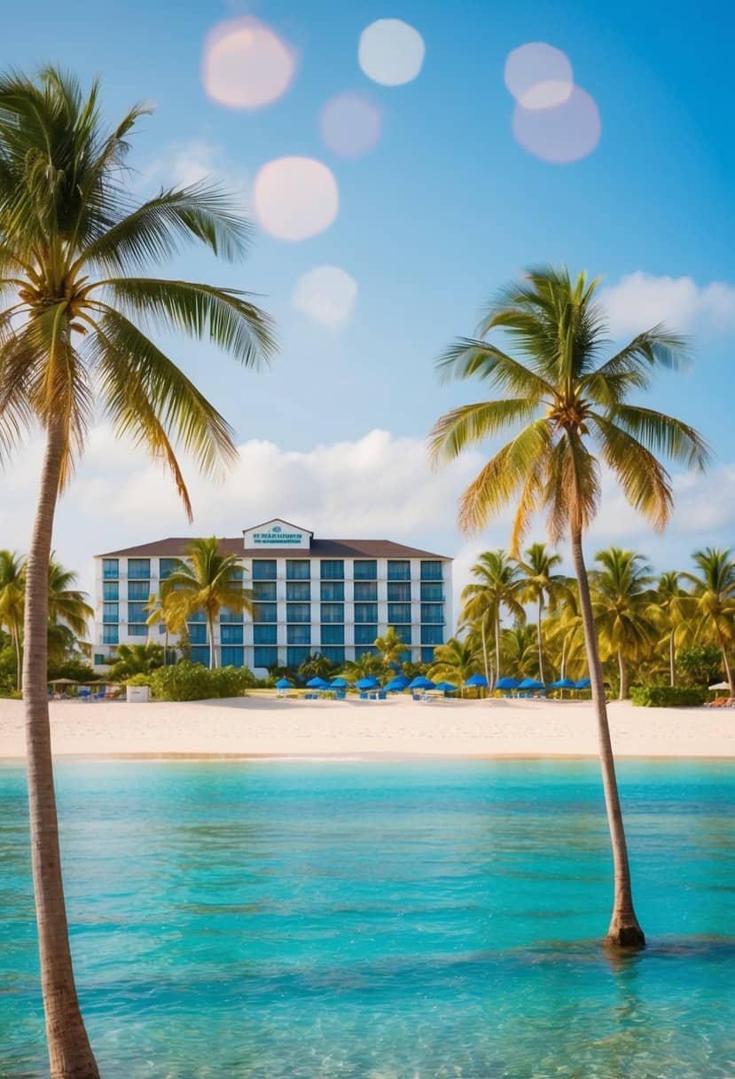 A serene beach with palm trees, clear blue water, and a budget-friendly resort in the background