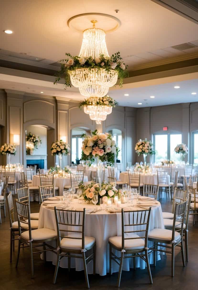 A beautifully decorated wedding venue with seating for 100 guests, adorned with flowers and elegant decor, creating an intimate and inviting atmosphere