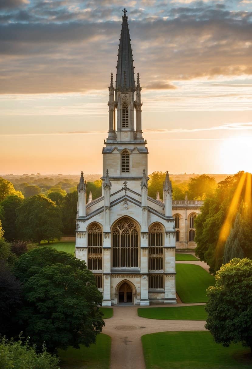 The iconic King's College Cambridge chapel stands tall against a backdrop of lush greenery, with the sun casting a warm glow on its medieval architecture