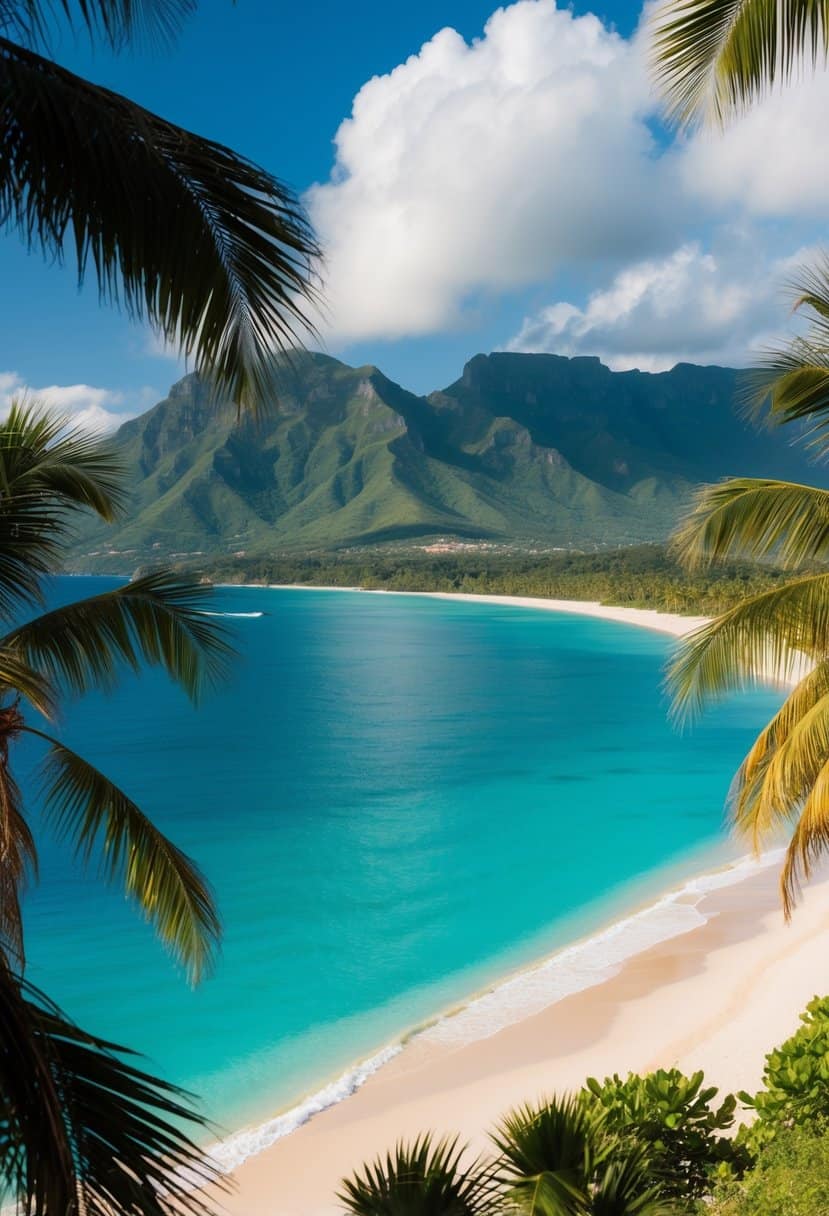 A tropical beach with a palm-fringed coastline and a clear blue ocean, surrounded by lush green mountains in the distance