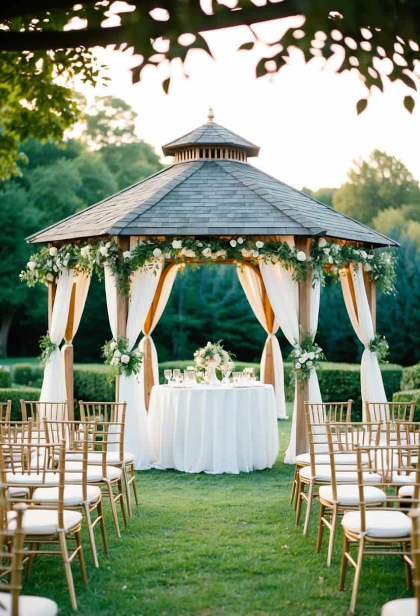 A cozy outdoor wedding venue with a beautifully decorated gazebo and seating for 100 guests