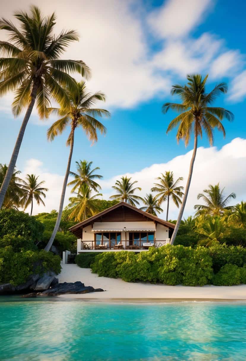 A serene beach with palm trees, clear blue water, and a cozy bungalow nestled among lush greenery