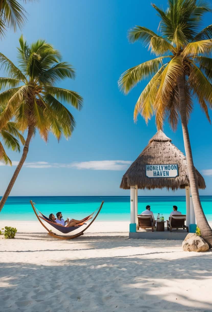 A serene beach with clear blue waters and palm trees, a couple lounging in hammocks, and a quaint beachside hut with a "Honeymoon Haven" sign