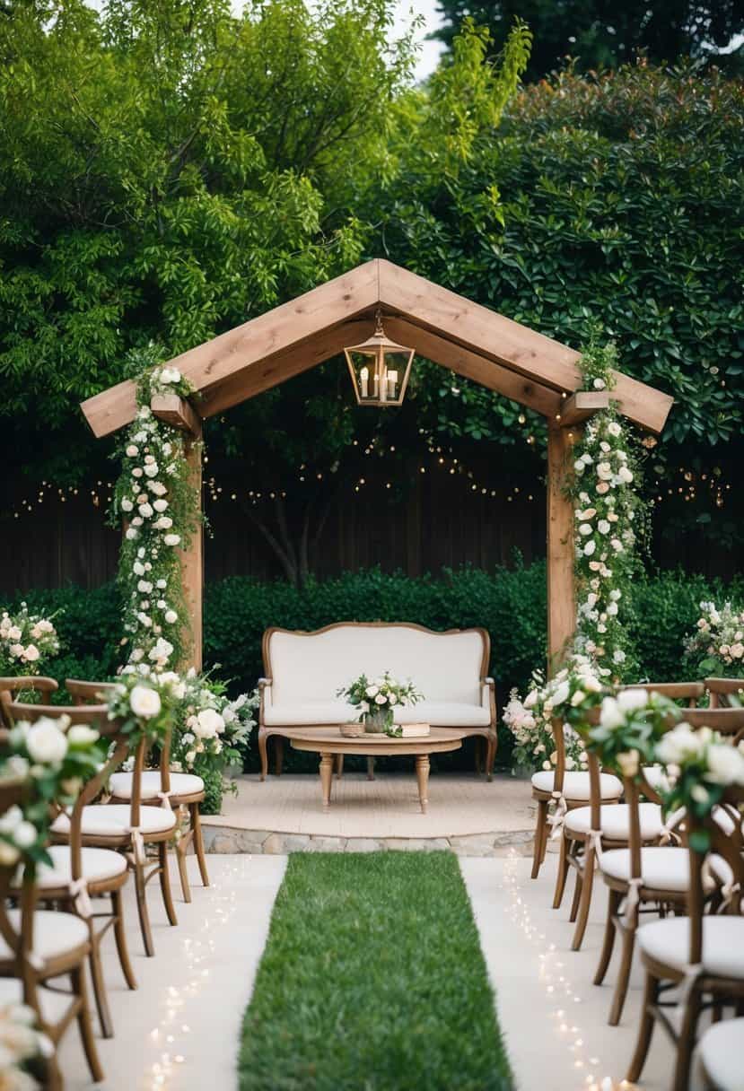 A charming outdoor setting with a rustic wooden arch, surrounded by lush greenery and blooming flowers. A quaint seating area for 100 guests, with elegant decor and twinkling lights