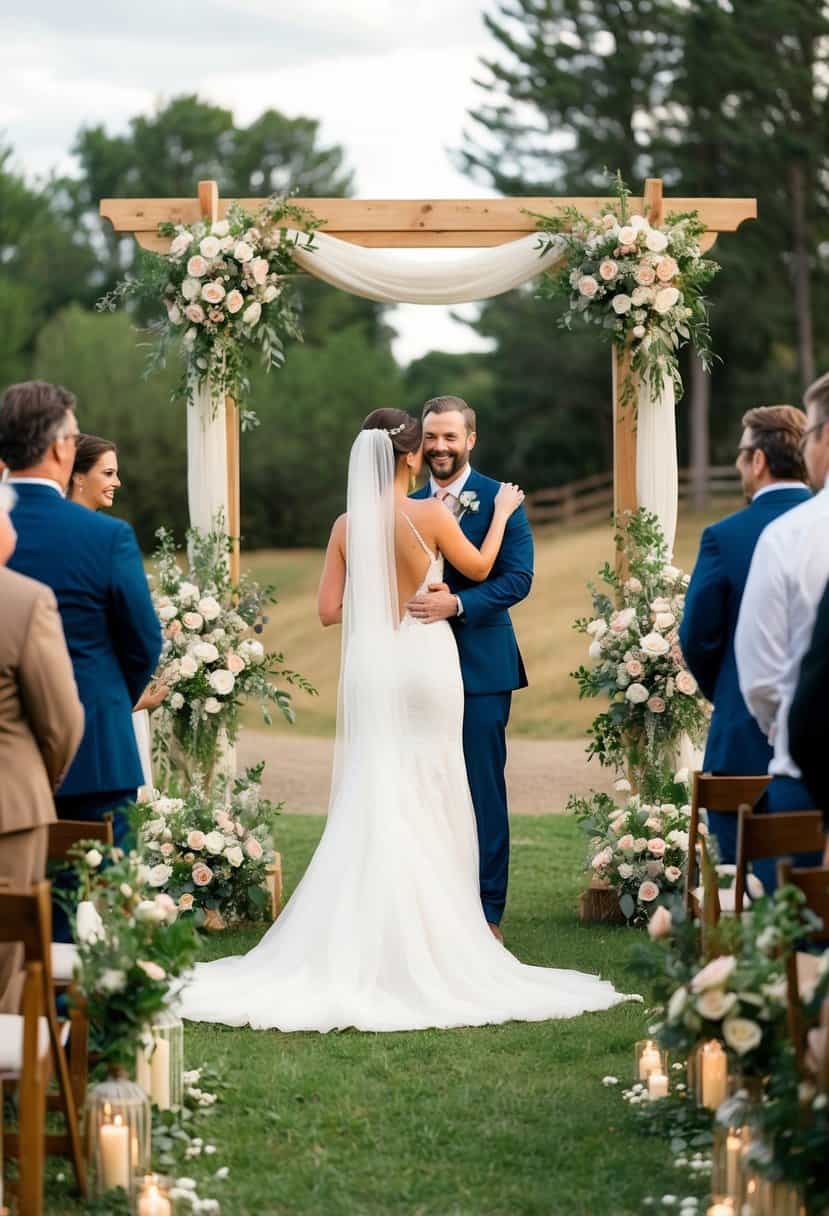 A cozy outdoor wedding with a rustic, intimate feel, featuring a beautiful ceremony space, elegant floral arrangements, and a joyful atmosphere