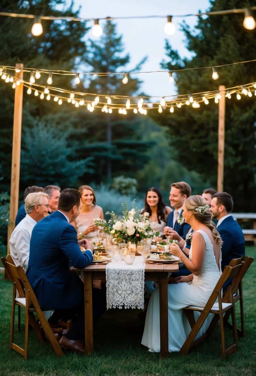 A cozy outdoor wedding with a small guest list gathered around a beautifully decorated table, enjoying a meal and conversation under twinkling string lights