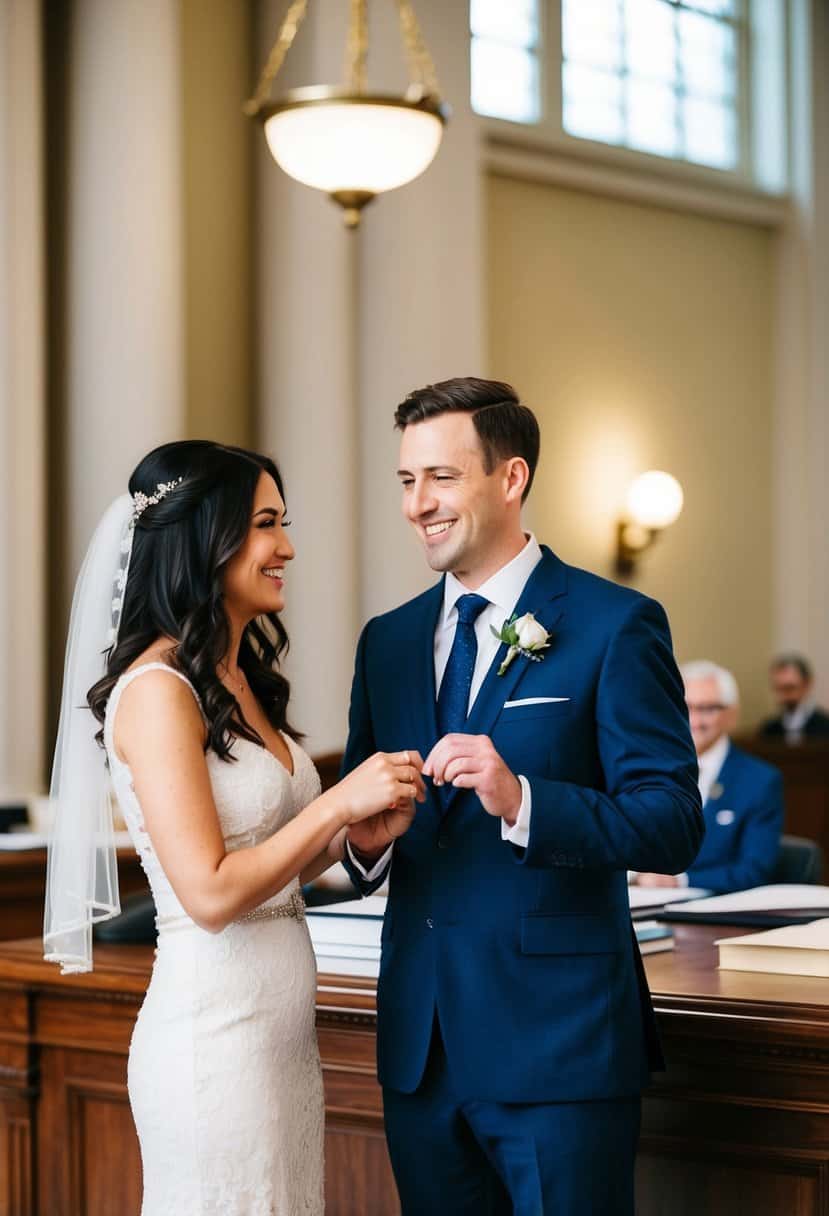 A couple standing at a registry office with a smiling official, exchanging rings