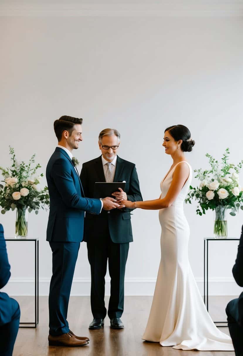 A couple stands before a registrar in a simple, elegant ceremony room, exchanging vows and rings. The room is adorned with minimalistic decor, creating a serene and intimate atmosphere