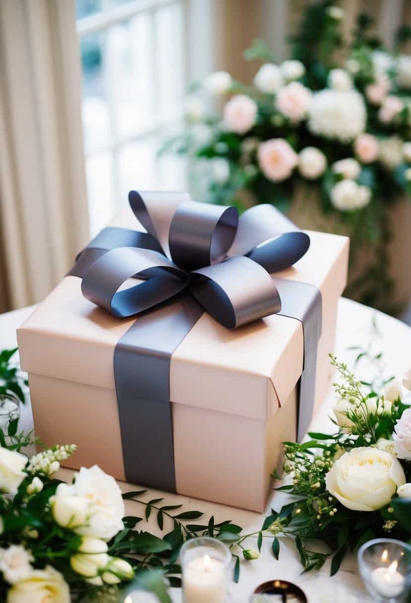 A beautifully wrapped gift box with a large bow sitting on a table, surrounded by elegant wedding decor and flowers