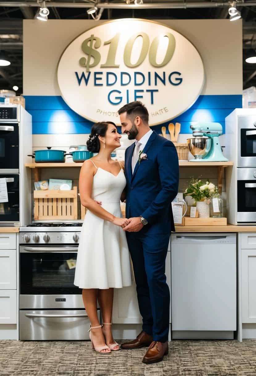 A couple stands in front of a display of kitchen appliances and home goods, pondering the value of a $100 wedding gift