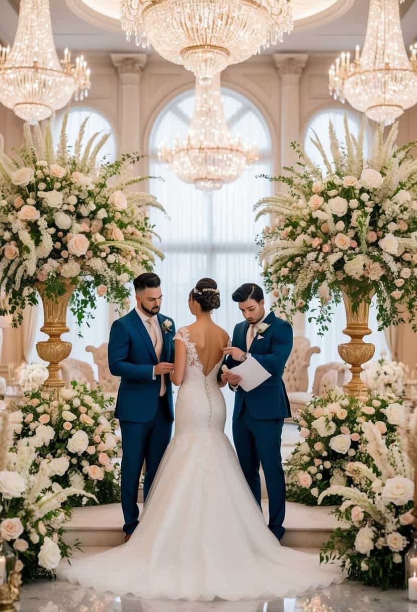 A lavish wedding with extravagant decor, a grand venue, and opulent floral arrangements, contrasting with a stressed and overwhelmed couple reviewing the exorbitant costs