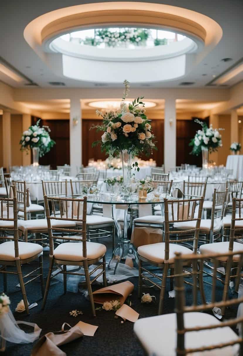 A lavish wedding venue with empty chairs, wilted flowers, and discarded decorations