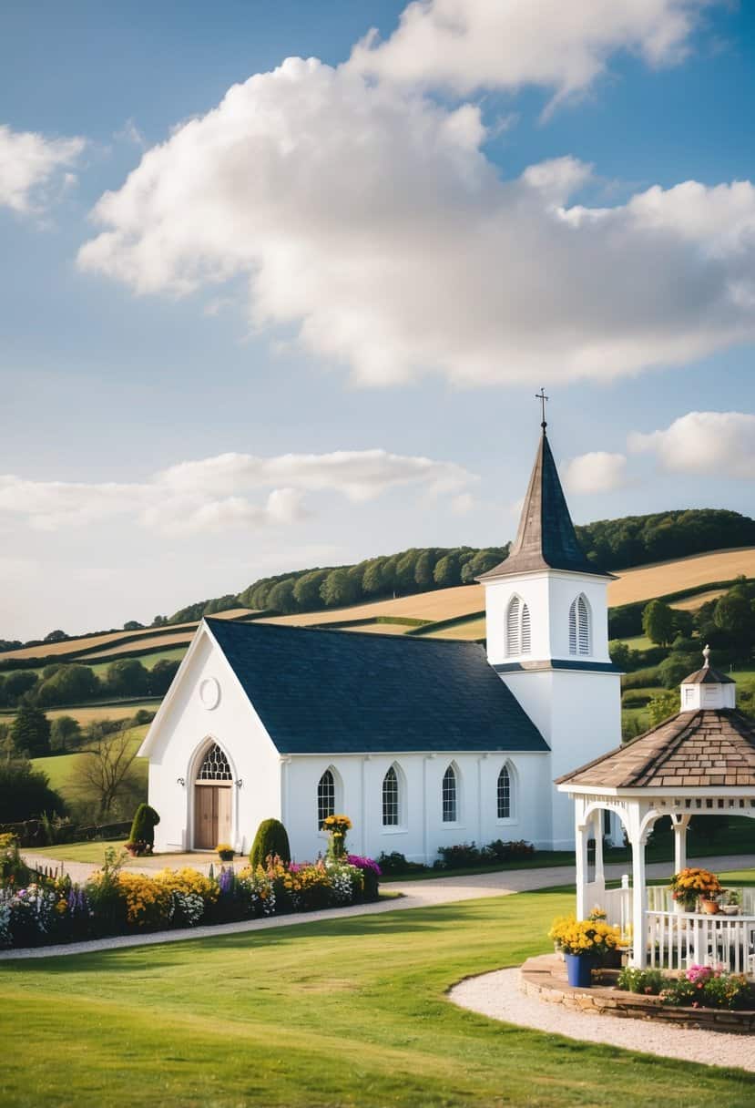 A quaint countryside church with rolling hills in the background, adorned with colorful flowers and a picturesque gazebo for the ceremony