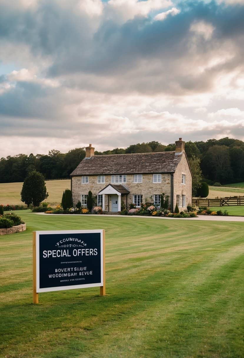 A picturesque countryside wedding venue with a sign advertising special offers