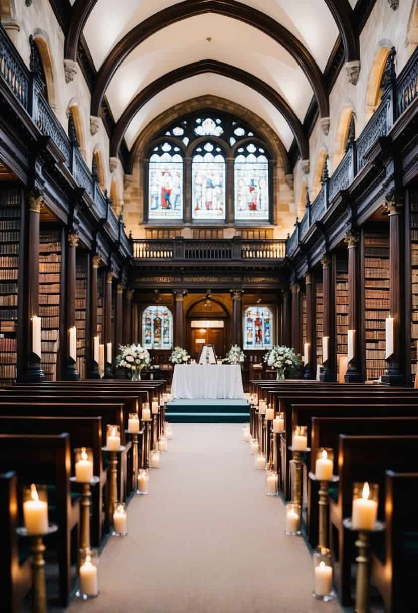 The grand Bodleian Library, with its majestic architecture and historic charm, is set up for a wedding ceremony