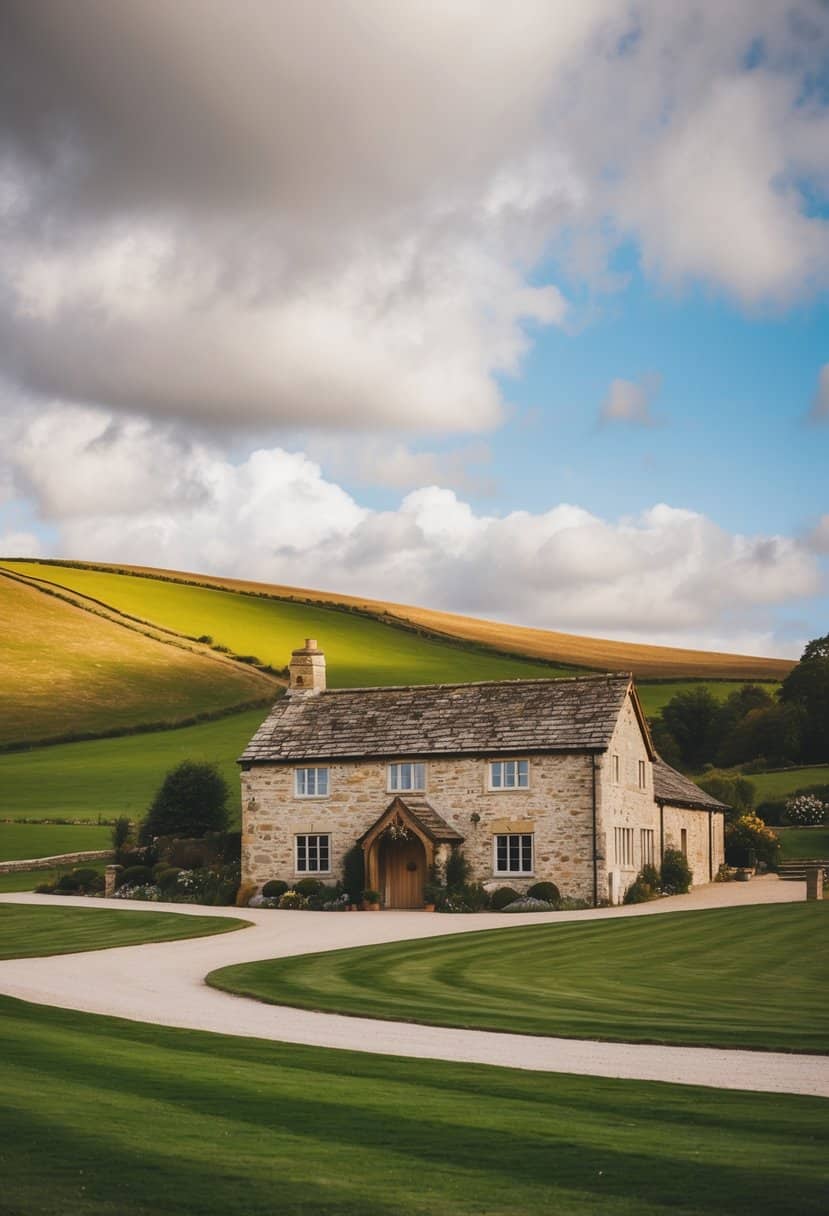 A quaint countryside wedding venue in the UK with rolling hills and a charming stone barn