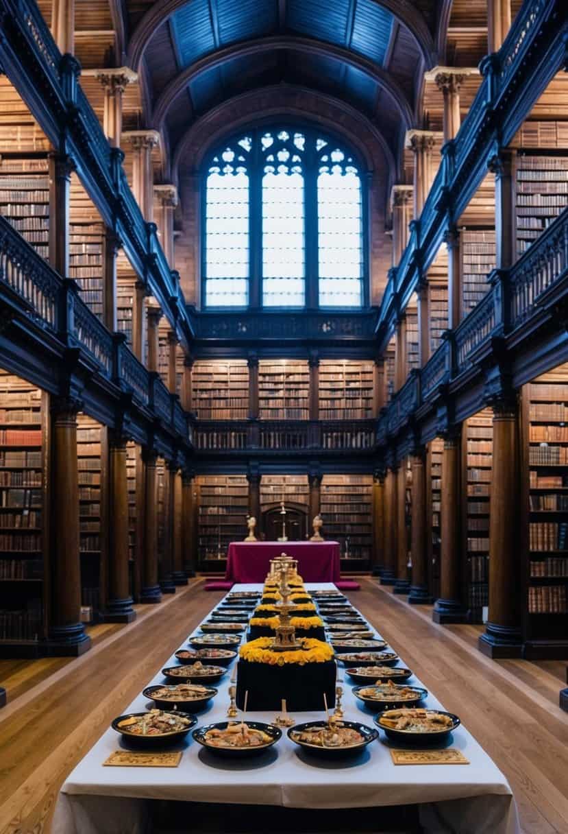 A grand hall with ornate pillars and a table adorned with ceremonial offerings, surrounded by towering bookshelves in the Bodleian Library