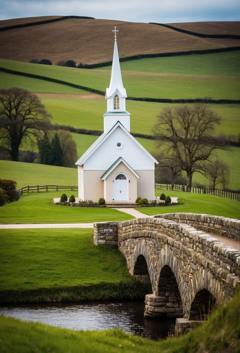 A quaint countryside chapel with rolling hills and a rustic stone bridge