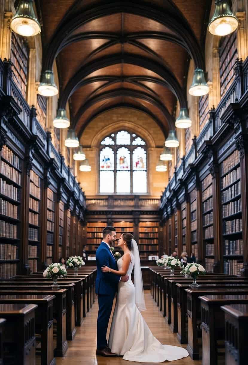 A bride and groom exchange vows surrounded by towering bookshelves in the historic Bodleian Library, with ornate architecture and warm lighting creating a romantic atmosphere