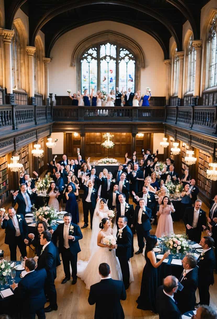 A grand reception hall in the historic Bodleian Library, adorned with elegant decor and filled with joyous guests celebrating a wedding