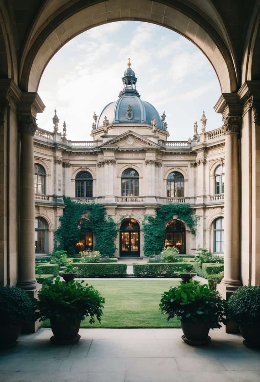 A grand, historic library with ornate architecture and lush greenery in the courtyard