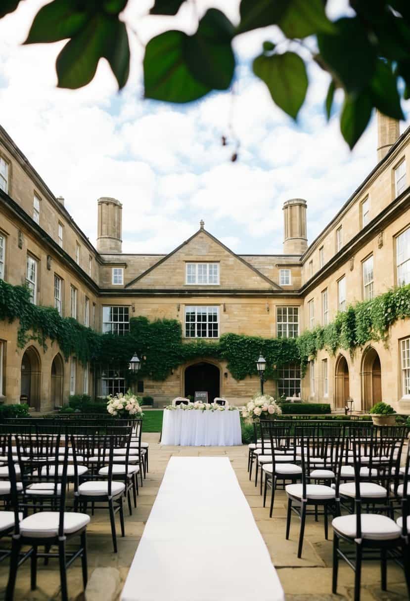 A picturesque view of Trinity College's historic architecture with a wedding setup in the courtyard