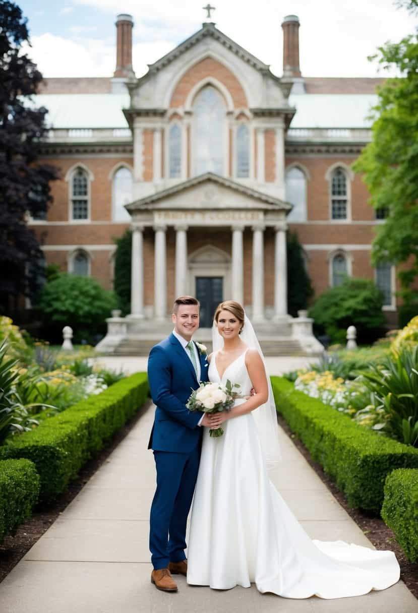 A bride and groom stand in front of the historic Trinity College chapel, surrounded by lush gardens and elegant architecture