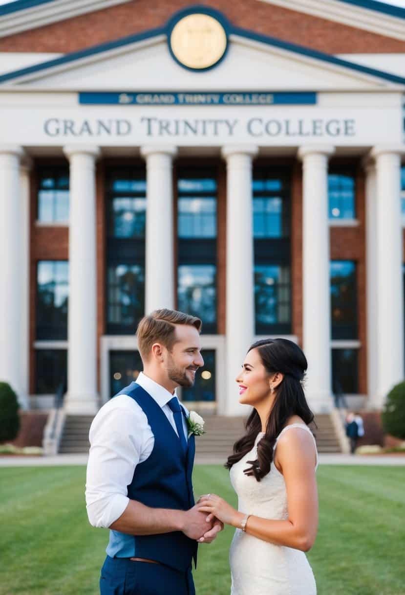 A couple stands in front of the grand Trinity College building, discussing wedding costs and financial aid options