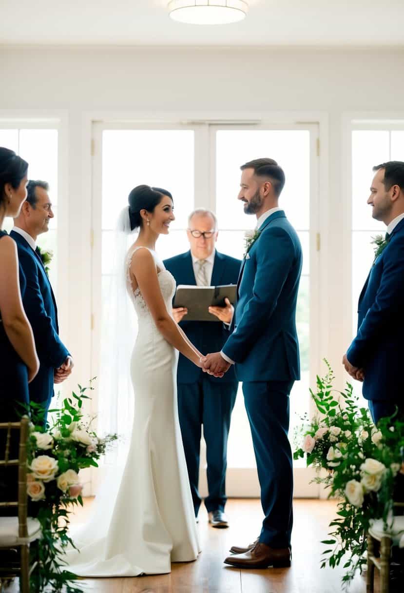 A bride and groom stand before a registrar in a simple, elegant ceremony. The room is filled with natural light and adorned with fresh flowers