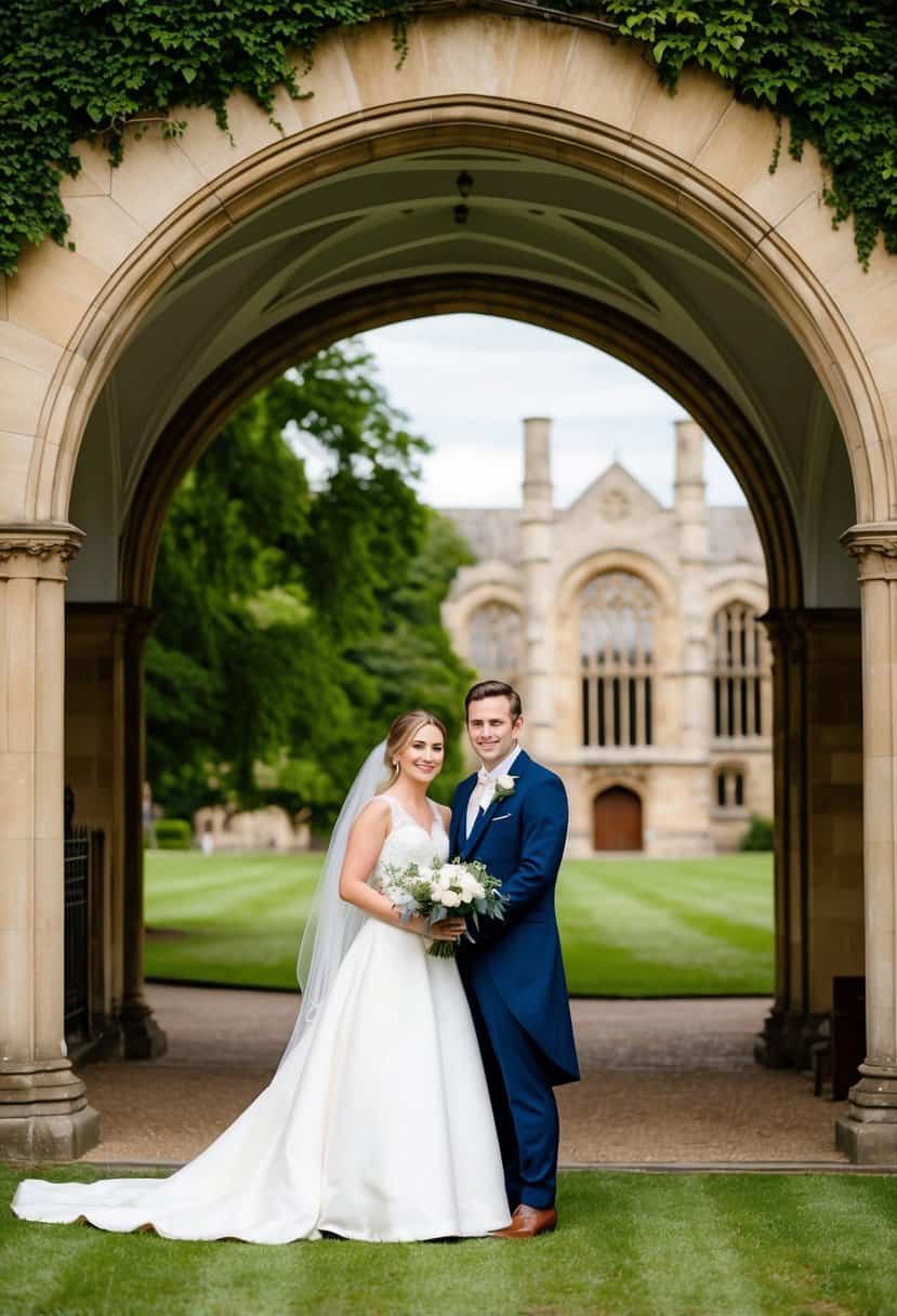 A bride and groom stand under the grand arches of Trinity College, surrounded by lush greenery and historic buildings