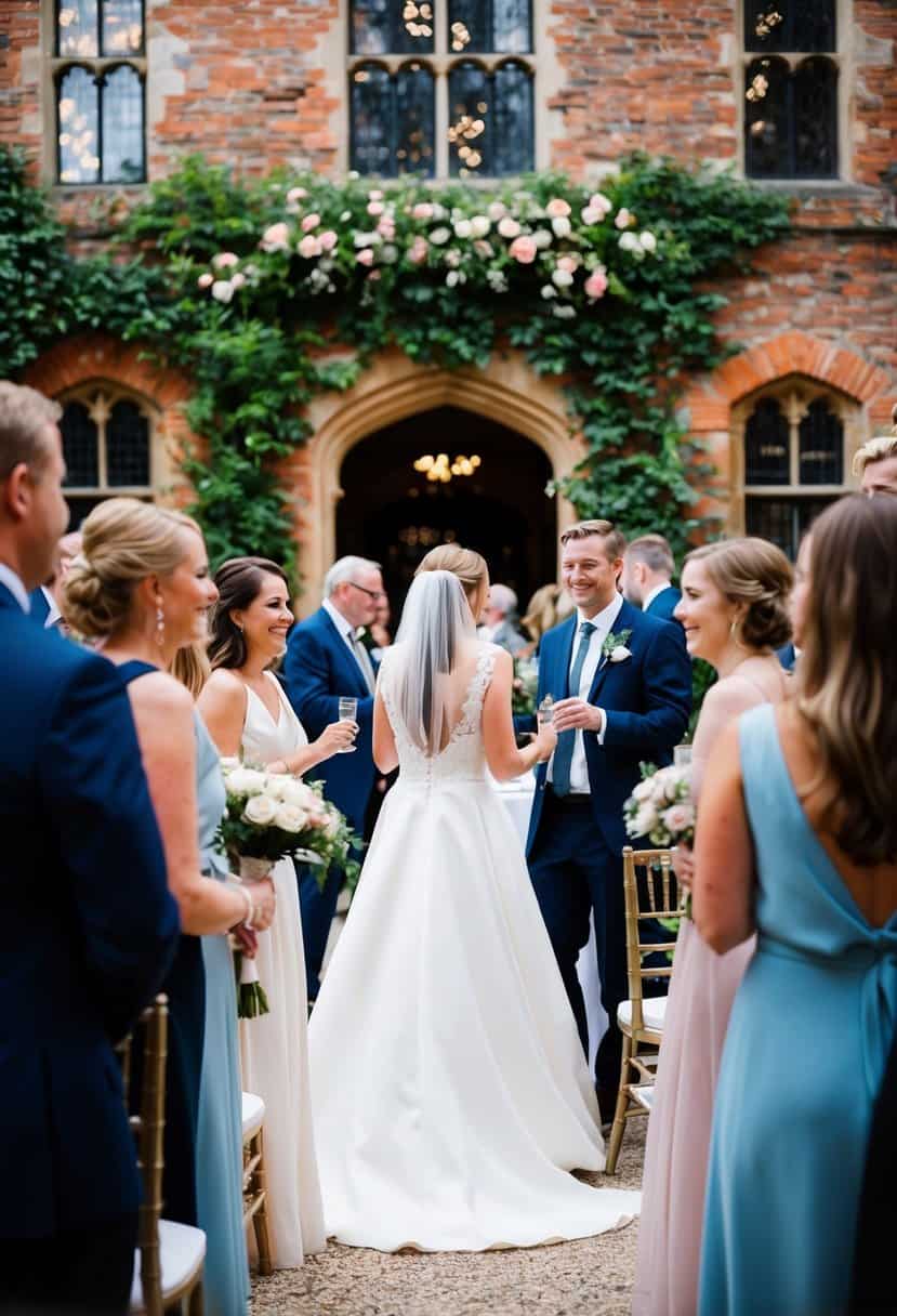 A beautiful wedding reception at Trinity College, with guests celebrating in the historic courtyard