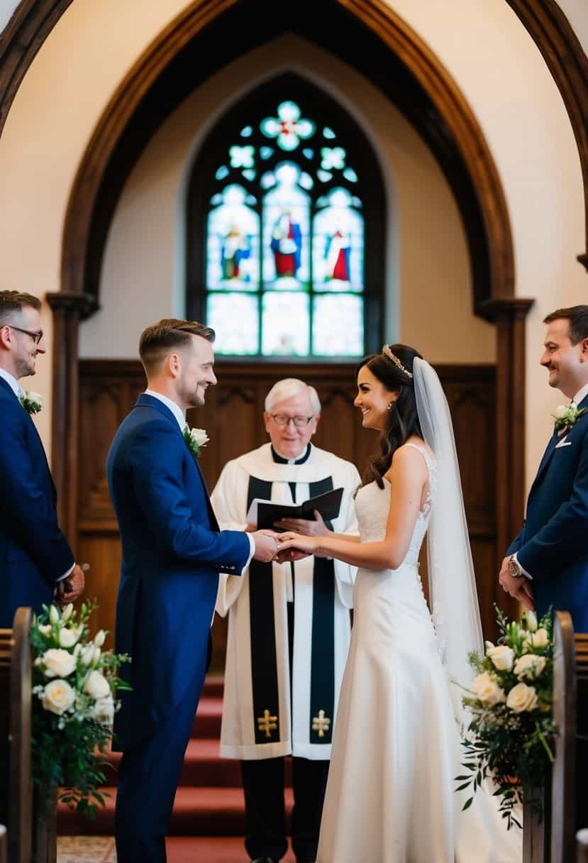 A wedding ceremony taking place in a quaint British church, with a couple standing before the officiant exchanging vows