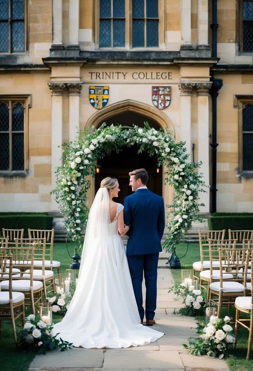 A bride and groom stand in front of the historic Trinity College Cambridge, with a beautiful floral arch and elegant seating set up for a wedding ceremony