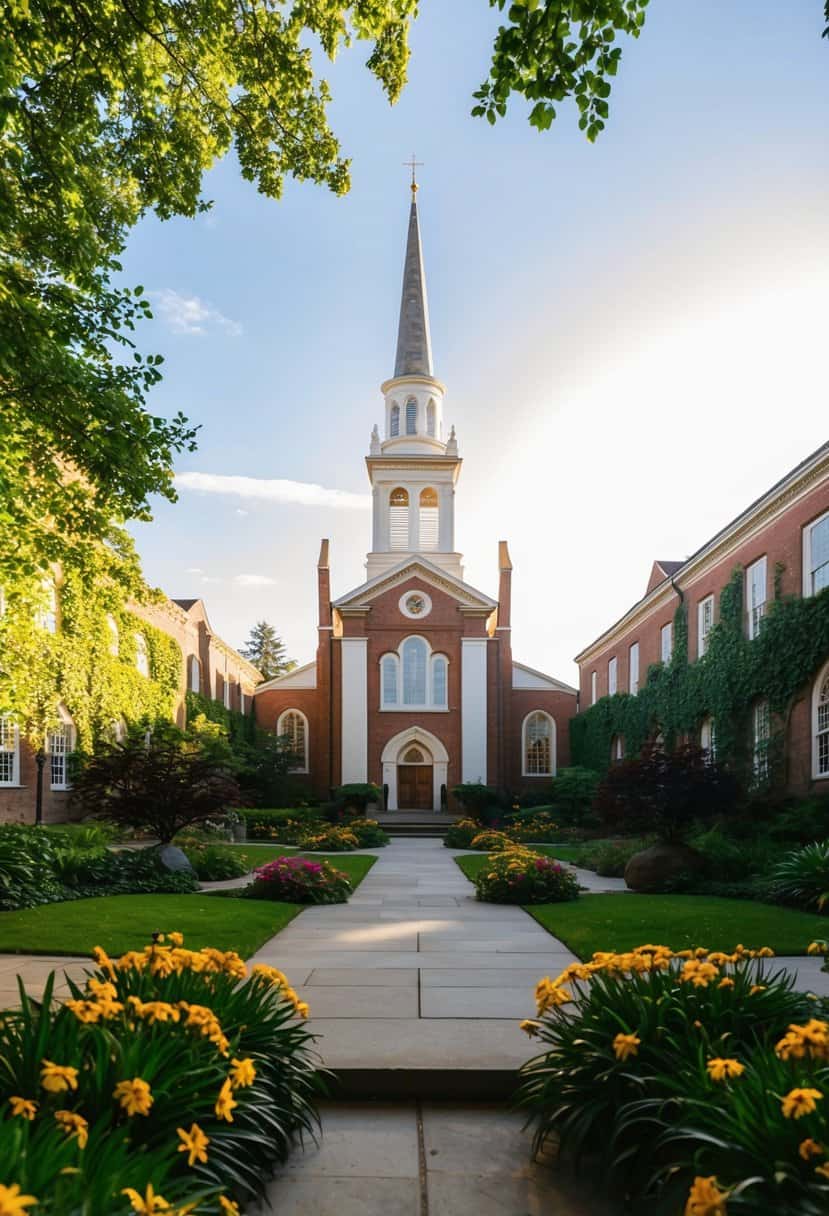 A serene, sunlit courtyard at Trinity College with a historic chapel in the background, surrounded by lush greenery and vibrant flowers