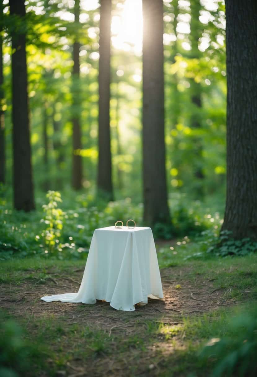 A secluded forest clearing with a simple altar and two rings placed on it, surrounded by lush greenery and the soft glow of sunlight filtering through the trees