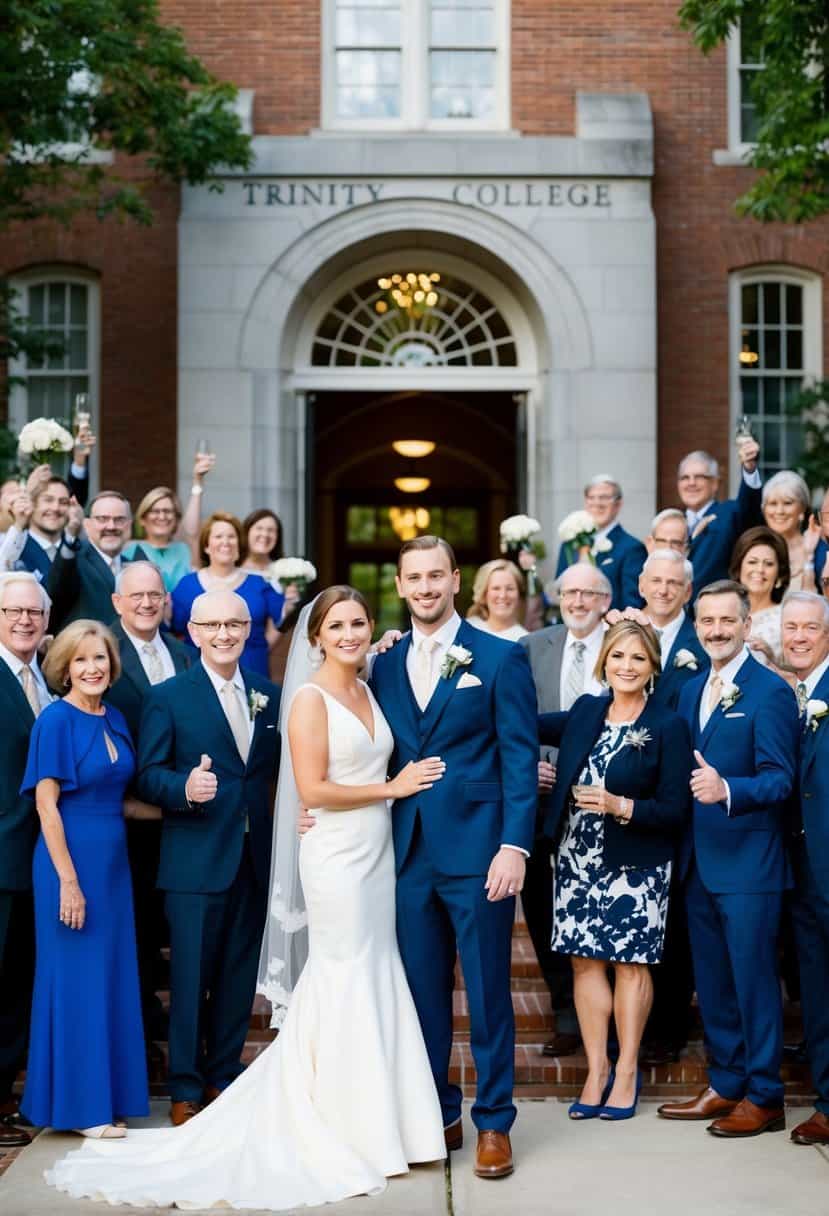 A bride and groom stand in front of Trinity College, surrounded by alumni and community members celebrating their wedding