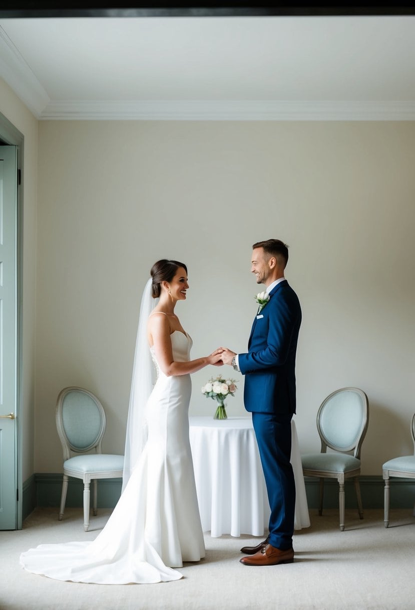 A bride and groom stand alone in a simple, elegant room with a table and chairs, exchanging vows in front of a small, unobtrusive camera