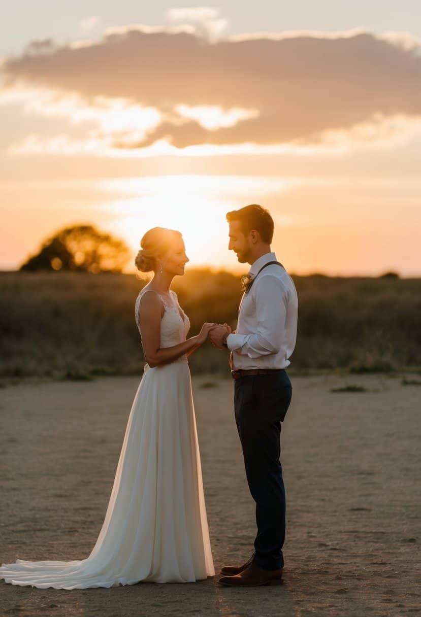 A couple stands alone in a simple, rustic setting, exchanging vows. The sun sets behind them, casting a warm glow over the intimate moment