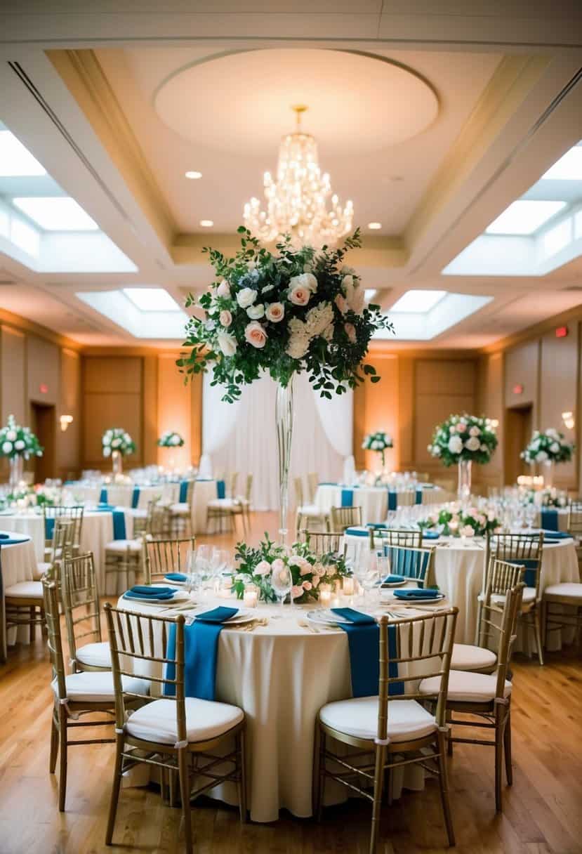 A beautifully decorated reception hall with tables set for 40 guests, adorned with floral centerpieces and elegant place settings