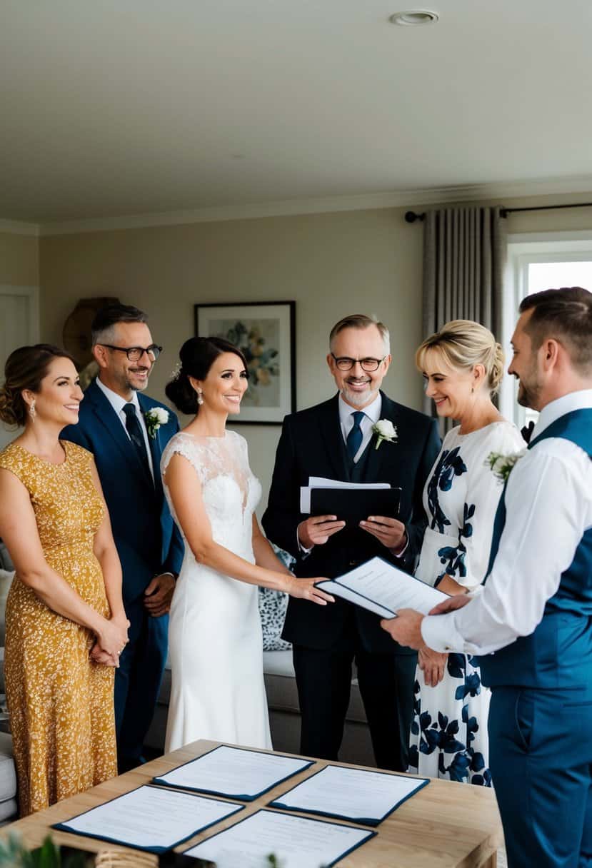 A couple stands in their living room, surrounded by family and friends. A celebrant officiates the wedding ceremony, with legal documents on a table