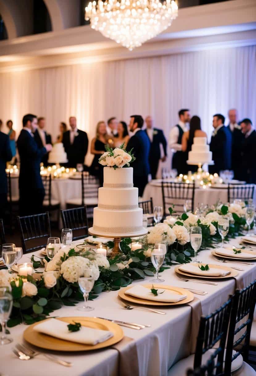 A table set for 40 guests, adorned with elegant centerpieces and place settings. A wedding cake stands prominently on a decorated dessert table